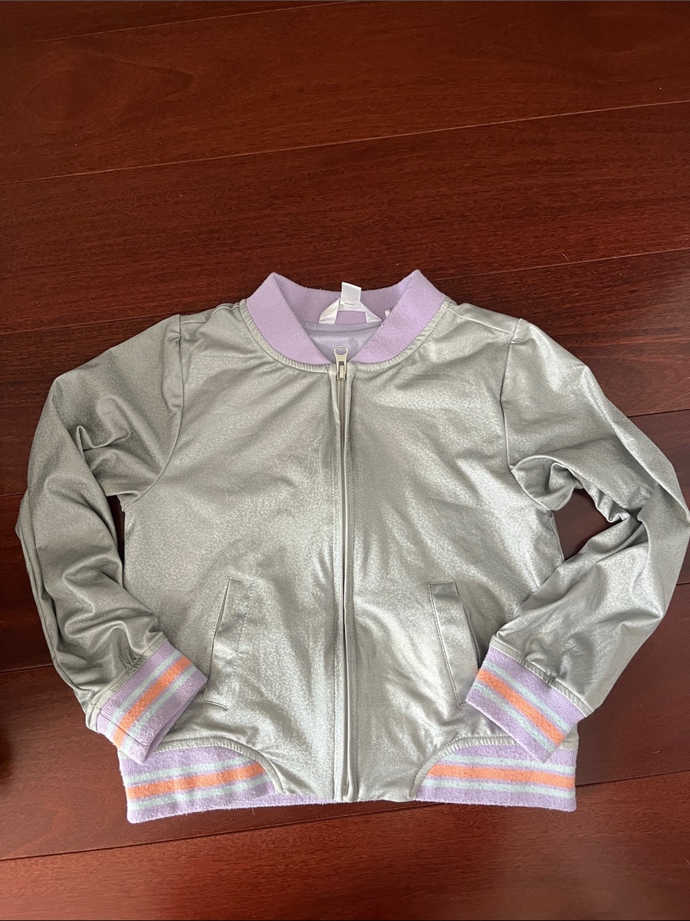 Girls' Shiny Silver Bomber Jacket with Pastel Trim